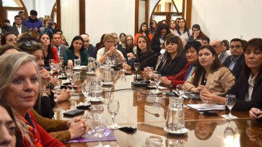 Hoy se promulgó la adhesión a la "Ley Micaela" y la norma que establece que los reemplazos de bancas deben respetar la paridad de género. El acto lo tuvo al gobernador, Omar Gutiérrez, en segundo plano. Foto Yamil Regules
