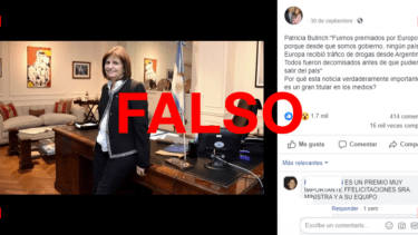 Es falso que Bullrich dijo que la Argentina fue premiada por Europol y también que desde 2015 no llegó droga desde el país a Europa