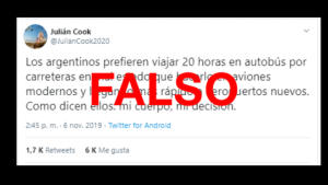 Es falso que el fundador de Flybondi tuiteó que “los argentinos prefieren viajar 20 horas en autobús” en vez de hacerlo “en aviones modernos”