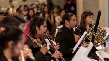 El encuentro reunió a la Camerata Juvenil Municipal, la Orquesta del Bicentenario de Bariloche y la Orquesta del colegio Mark Twain, de Córdoba. Foto: Marcelo Martinez