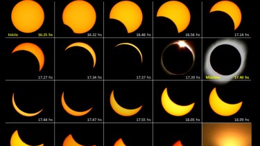 Una secuencia semejante a la de esta imagen de 2019 podrá apreciarse mañana, eventualmente, en la franja de totalidad del eclipse 2020. (Grupo Astronómico Osiris)
