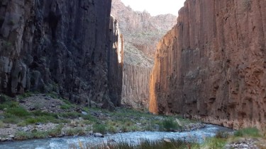 El Cañadón del Covunco, de unos 5 km de extensión en los que el arroyo corre entre altos paredones, hábitat de cóndores y pato de los torrentes, entre otras especies. Foto: Martín Muñoz. 