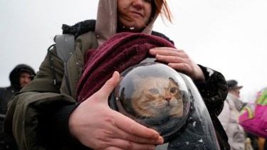 Nina, de 26 años, sostiene un transportador de mascotas con su gato mientras espera después de huir de la guerra desde la vecina Ucrania, en el cruce fronterizo de Palanca, Moldavia. (AP Photo/Sergei Grits)