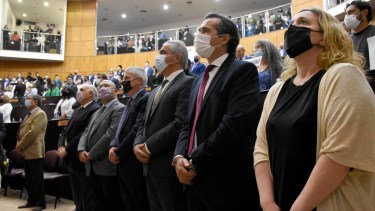 La vocal Soledad Gennari, el fiscal José Geréz, los vocales Evaldo Moya y Germán Busamia integran la Junta Electoral Provincial, con la jueza Alejandra Bozzano (foto Florencia Salto)