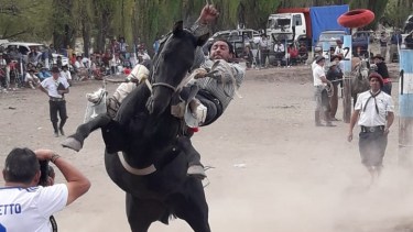 La yegua La Pulpera se le viene encima a Daniel Cuca Lubones. El jinete Luis Martínez perdió la boina y está a punto de caer. El fotógrafo alcanza a disparar antes de que el animal lo roce.  Ocurrió en Cushamen, Chubut.