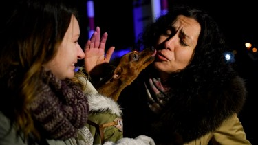 Una perra llamada Josephine lame a una mujer ucraniana que se reunió con su hermana después de cruzar la frontera entre Ucrania y Rumania, en Siret, Rumania (AP Photo/Andreea Alexandru)