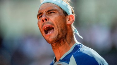 Rafa y su festejo en la victoria sobre Goffin. Nadal está en cuartos de final y va contra Alcaraz en Madrid. Fotos: AP