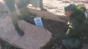 Se halló una vertebra de un dinosaurio en la costa del  Lago Los Barreales. Foto: Presidencia