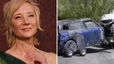 Anne Heche chocó primero contra un complejo de departamentos y luego contra una casa, lo que provocó un incendio.  Fotos: EFE y Fox.