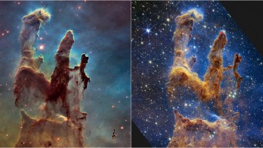 This combination image provided by NASA on Wednesday, Oct. 19, 2022, shows the Pillars of Creation as imaged by NASA's Hubble Space Telescope in 2014, left, and by NASA's James Webb Telescope, right. The new, near-infrared-light view from the James Webb Space Telescope helps us peer through more of the dust in the star-forming region, according to NASA. (NASA, ESA, CSA, STScI via AP)