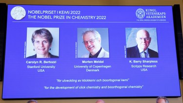 The three winners of the Nobel Prize for chemistry are shown at a press conference at The Royal Swedish Academy of Sciences in Stockholm, Sweden, Wednesday, Oct. 5, 2022. The winners of the 2022 Nobel Prize in chemistry are Caroline R. Bertozzi, USA, Morten Meldal, Denmark and K. Barry Sharpless, USA. (Christine Olsson/TT News Agency via AP)