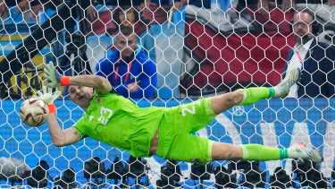 Dibu Martínez hace 532 minutos que no recibe goles en la Selección Argentina. Foto AP/Natacha Pisarenko.