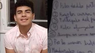 El joven de 18 años que fue asesinado y el listado que había hecho. 