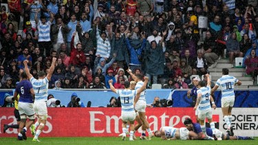 Emiliano Boffelli anotó el try de Los Pumas en el inicio del encuentro ante Samoa. (AP Photo/Laurent Cipriani)