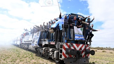 El tren con 160 pasajeros y más de 8.000 kilos de carga en el ingreso a la estación de la capital provincial. Foto: Marcelo Ochoa.