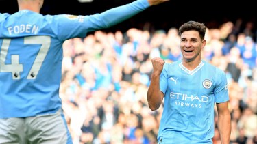 Julián Álvarez anotó en la victoria del Manchester City. (AP Photo/Rui Vieira)