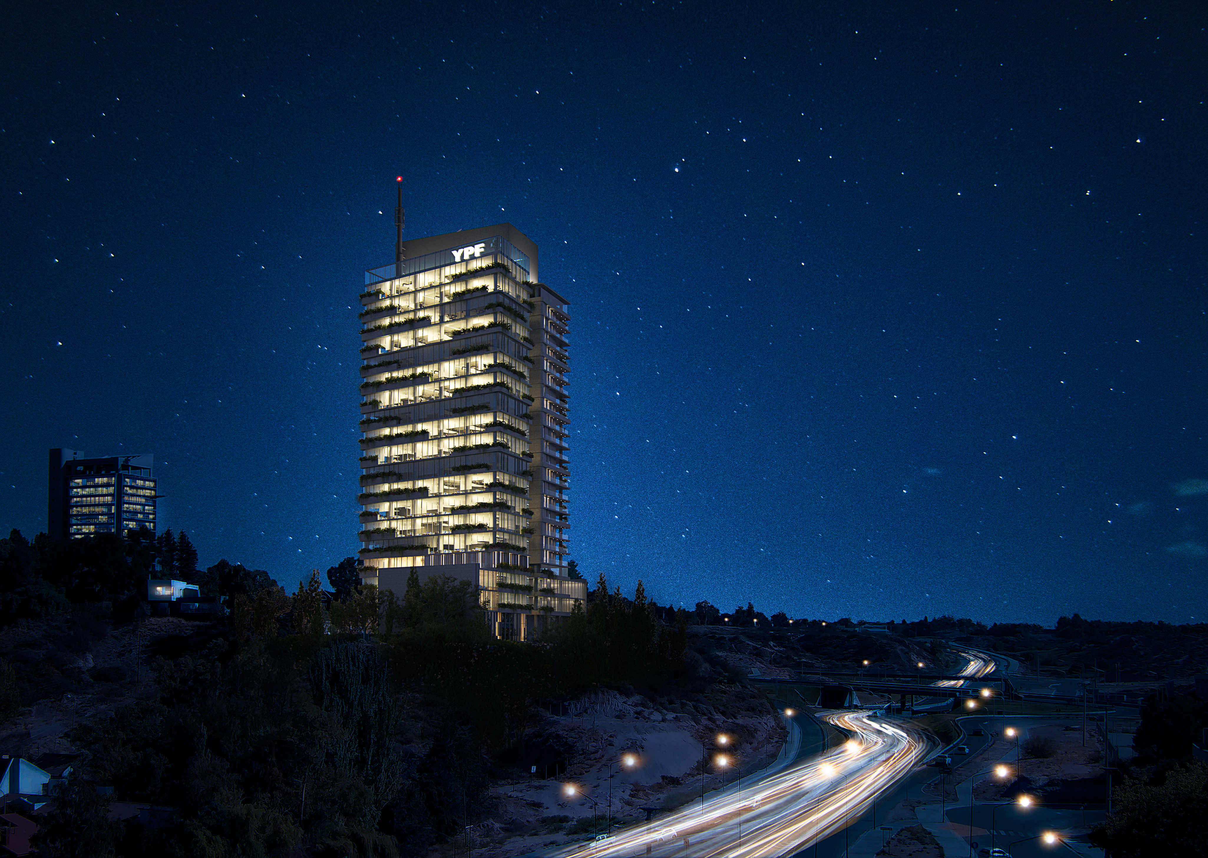 Render nocturno de Torre Aura