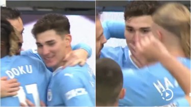 Julián Álvarez tuvo un accidente en el festejo del 2-0 del City.