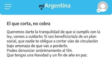 El mensaje que tiene por estas horas la App Mi Argentina. 
