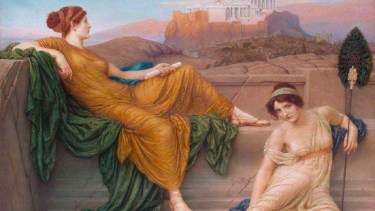 Aspasia (naranja, izquierda) en el Pnyx" por Henry Holiday, 1888. Crédito: Palacio del Segundo Cabo.

