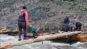 Video | Cruzan un «puente» hecho con un tronco en el norte neuquino: el peligro como el que sufrió el criancero arrastrado por el río